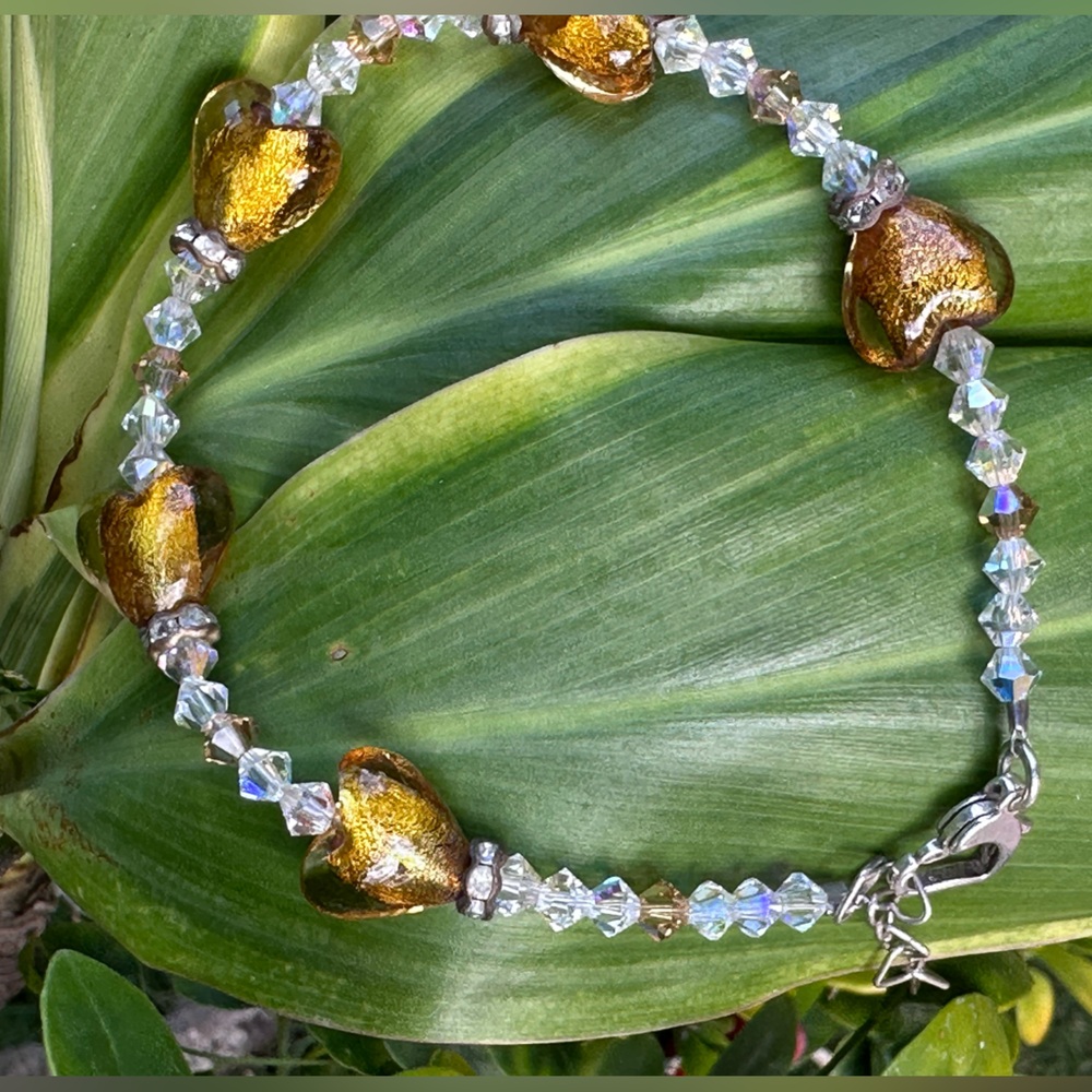Sparkling Swarovski Heart Charm Bracelet Crystal Beads Silver Tone Clasp Women's